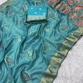 Royal Aqua Blue Soft Nylon Tissue Jacquard Saree Tassels for Women