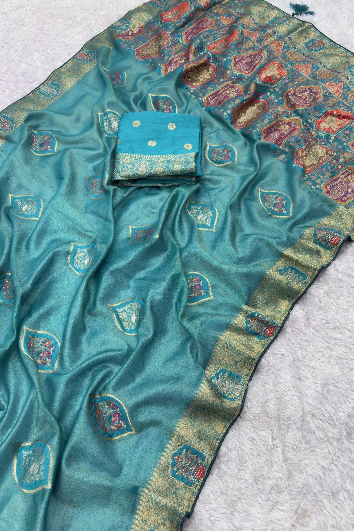 Royal Aqua Blue Soft Nylon Tissue Jacquard Saree Tassels for Women