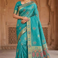 Royal Aqua Blue Soft Nylon Tissue Jacquard Saree Tassels for Women