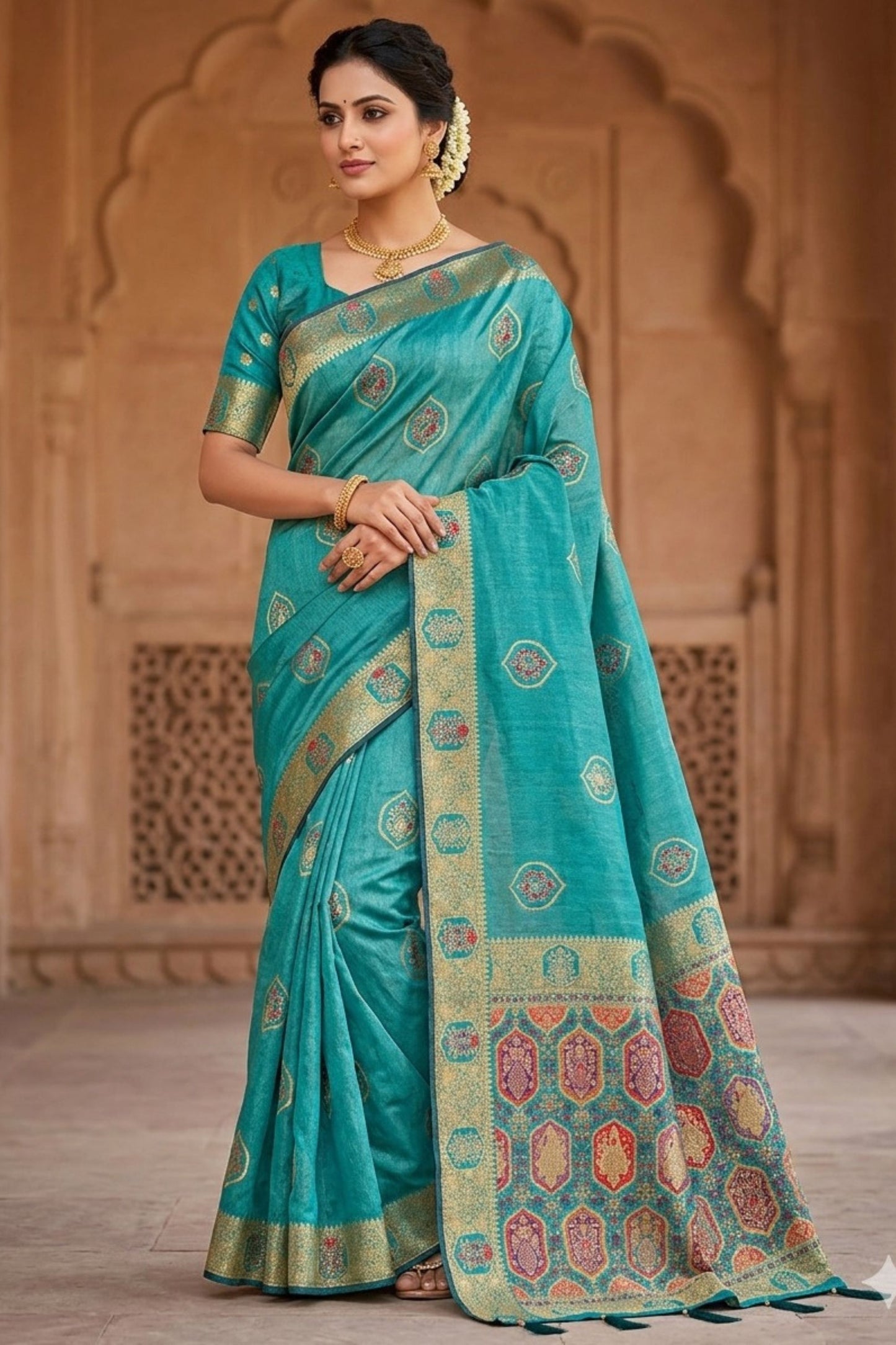 Royal Aqua Blue Soft Nylon Tissue Jacquard Saree Tassels for Women