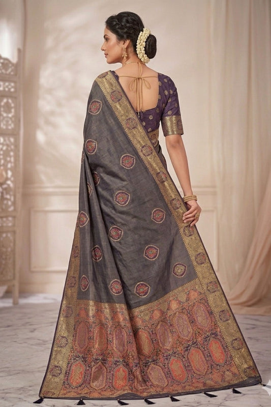 Elegant Charcoal Grey Soft Nylon Tissue Jacquard Saree for Women