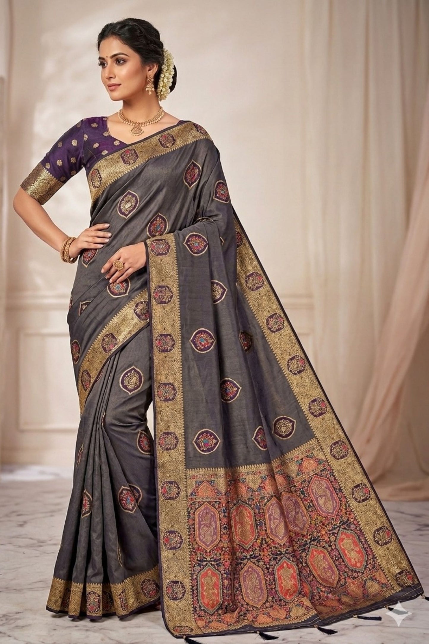 Elegant Charcoal Grey Soft Nylon Tissue Jacquard Saree for Women
