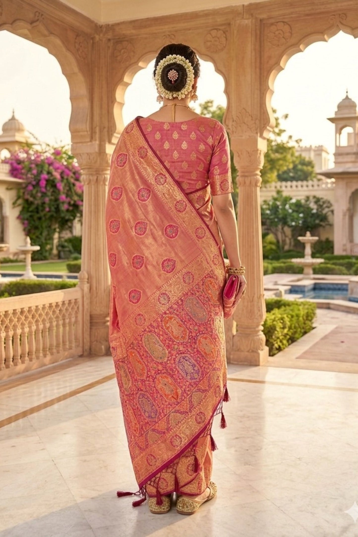 Premium Peach Pink Soft Nylon Tissue Jacquard Saree Tassels for Women