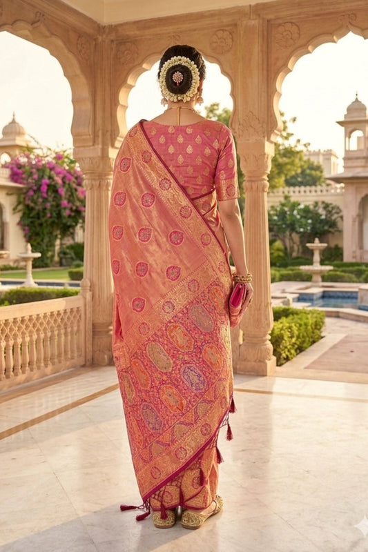 Premium Peach Pink Soft Nylon Tissue Jacquard Saree Tassels for Women