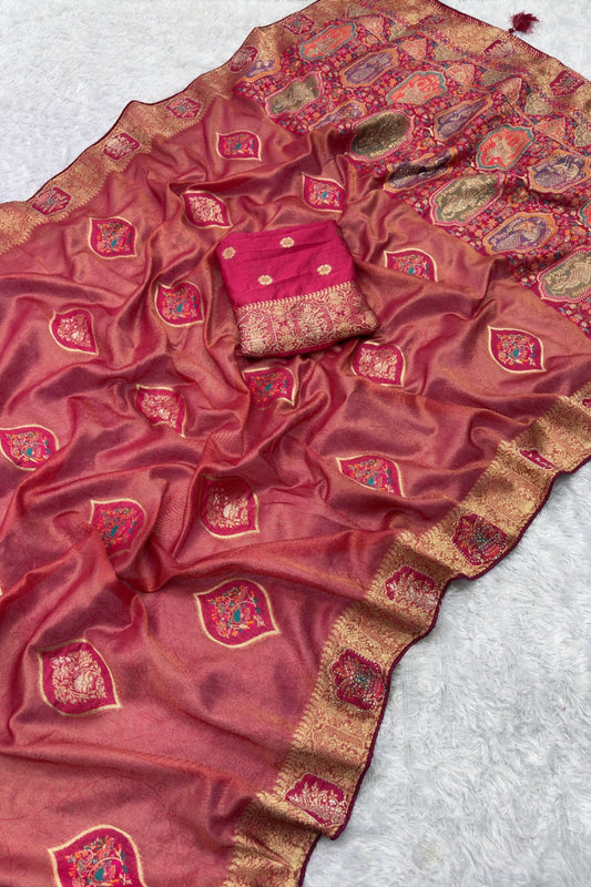 Premium Peach Pink Soft Nylon Tissue Jacquard Saree Tassels for Women