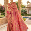 Premium Peach Pink Soft Nylon Tissue Jacquard Saree Tassels for Women