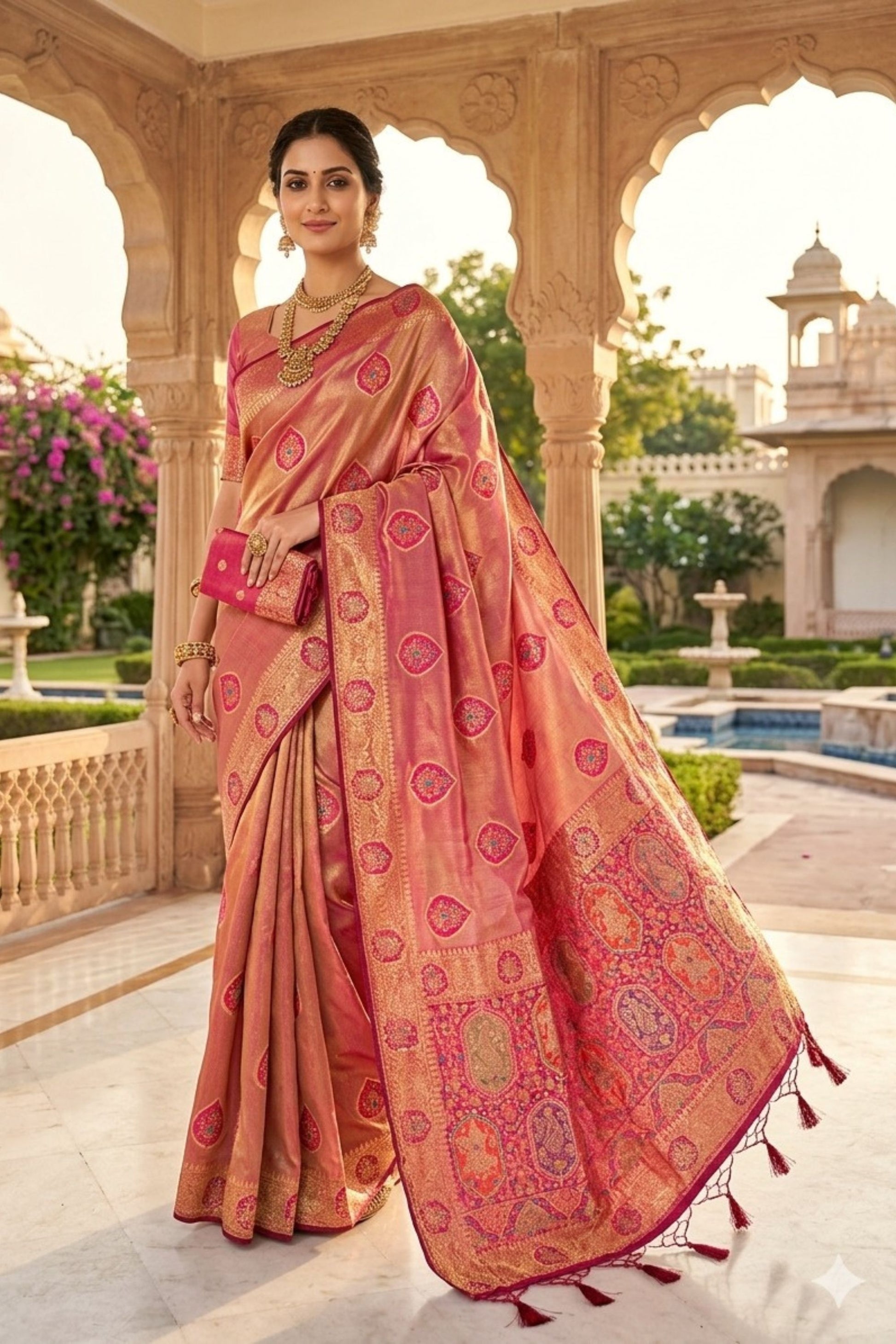 Premium Peach Pink Soft Nylon Tissue Jacquard Saree Tassels for Women