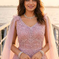 Stunning Blush Pink Net Handwork Designer Party Wear Gown with Dupatta for Women