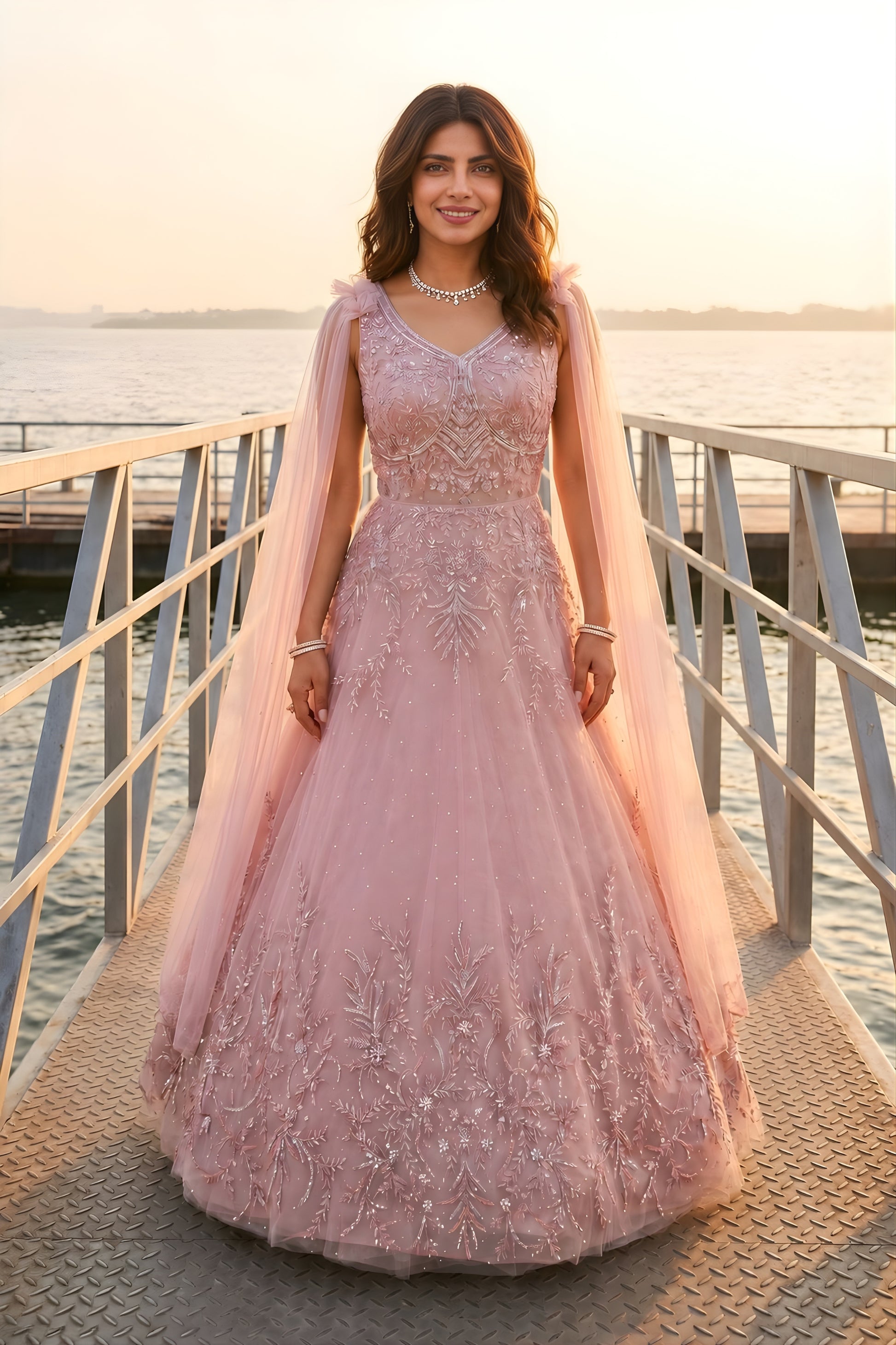 Stunning Blush Pink Net Handwork Designer Party Wear Gown with Dupatta for Women