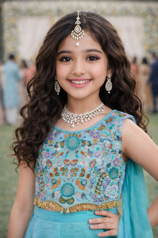 Elegant Teal Blue Embroidered Fendy Silk Wedding Wear Palazzo Suit for Girls