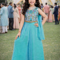 Elegant Teal Blue Embroidered Fendy Silk Wedding Wear Palazzo Suit for Girls