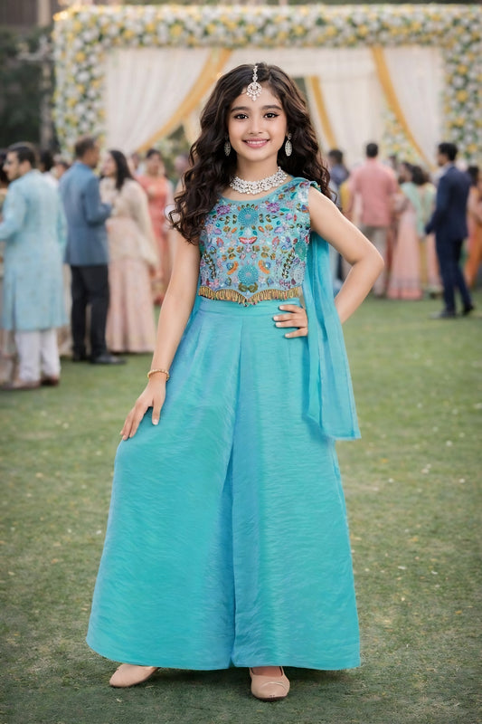 Elegant Teal Blue Embroidered Fendy Silk Wedding Wear Palazzo Suit for Girls