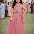 Stunning Peach Pink Embroidered Fendy Silk Wedding Wear Palazzo Suit for Girls