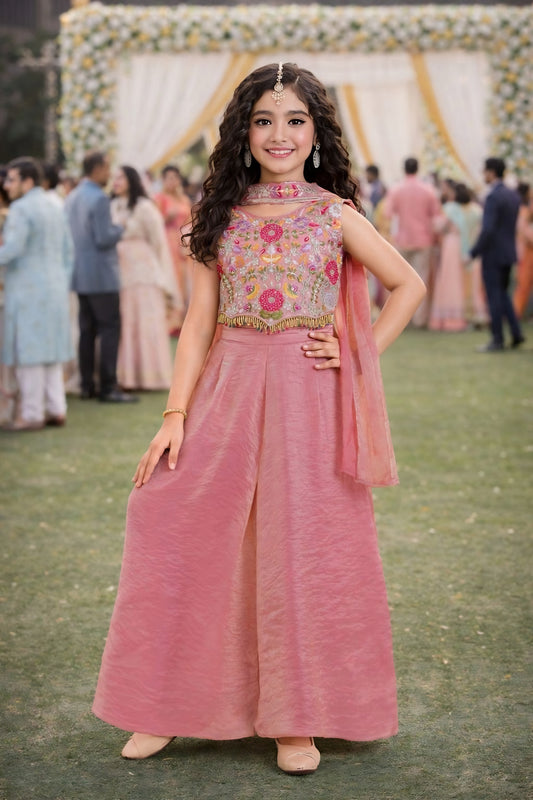 Stunning Peach Pink Embroidered Fendy Silk Wedding Wear Palazzo Suit for Girls
