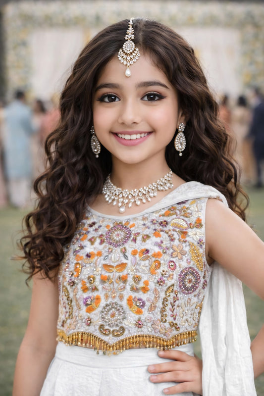 Beautiful Off-White Embroidered Fendy Silk Wedding Wear Palazzo Suit for Girls