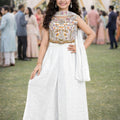 Beautiful Off-White Embroidered Fendy Silk Wedding Wear Palazzo Suit for Girls