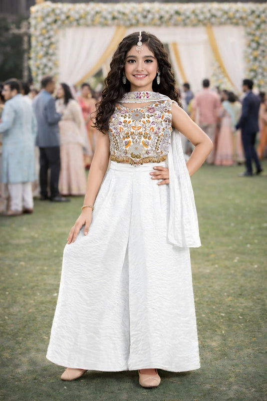 Beautiful Off-White Embroidered Fendy Silk Wedding Wear Palazzo Suit for Girls