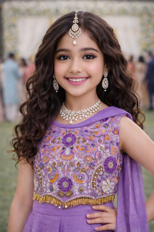 Charming Purple Embroidered Fendy Silk Wedding Wear Palazzo Suit for Girls
