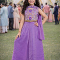 Charming Purple Embroidered Fendy Silk Wedding Wear Palazzo Suit for Girls