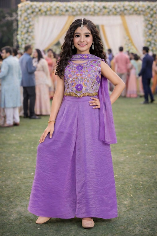 Charming Purple Embroidered Fendy Silk Wedding Wear Palazzo Suit for Girls