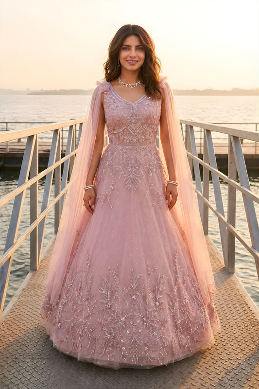 Stunning Blush Pink Net Handwork Designer Party Wear Gown with Dupatta for Women