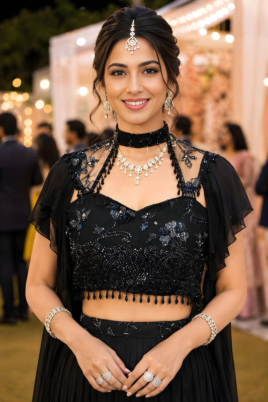 Elegant Black Lycra Embroidered Lehenga Choli with Cape Style Dupatta for Wedding
