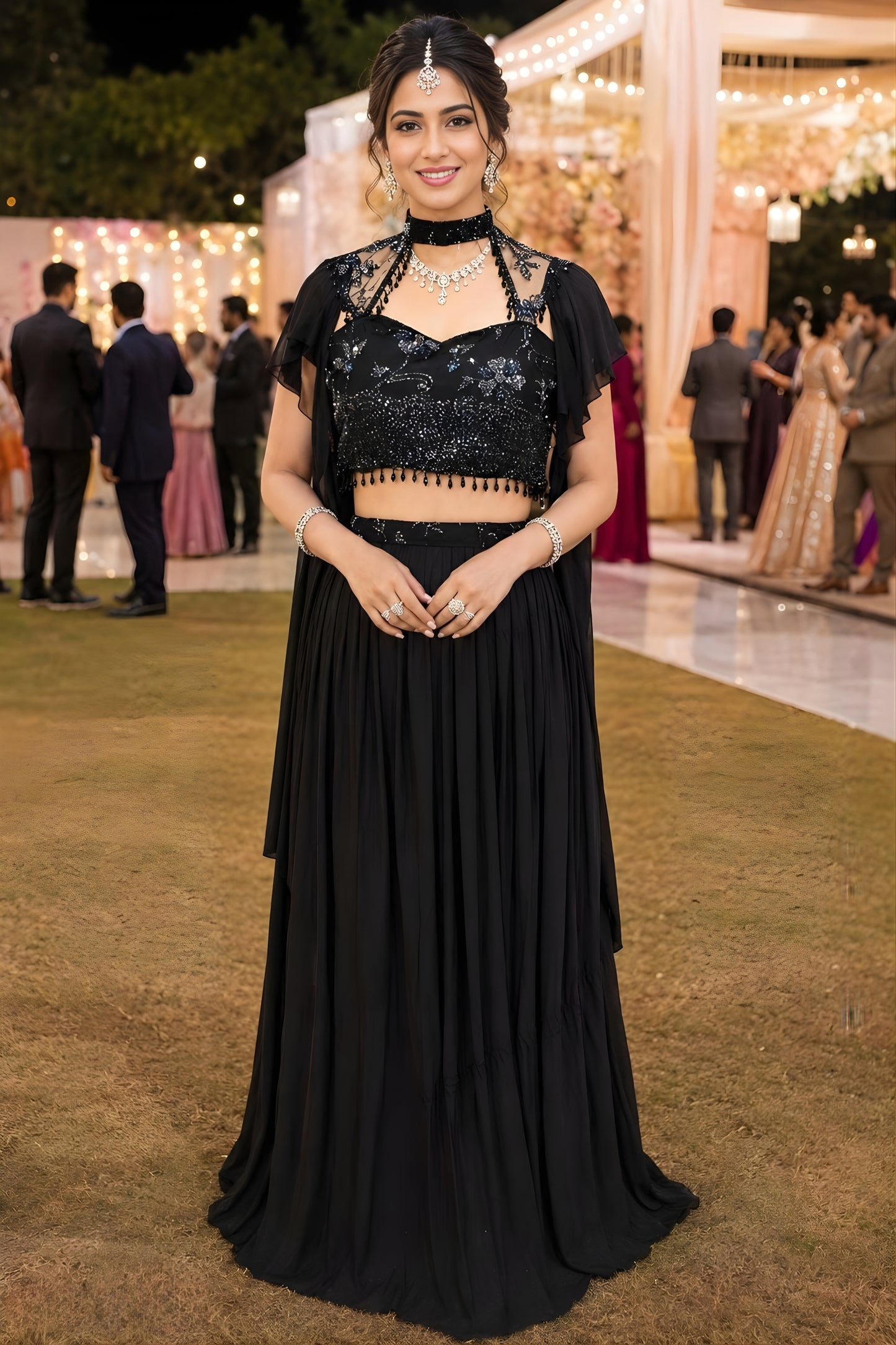 Elegant Black Lycra Embroidered Lehenga Choli with Cape Style Dupatta for Wedding