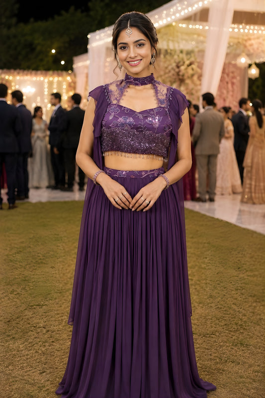 Stylish Purple Lycra Embroidered Lehenga Choli with Cape Style Dupatta for Wedding