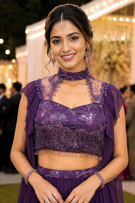 Stylish Purple Lycra Embroidered Lehenga Choli with Cape Style Dupatta for Wedding