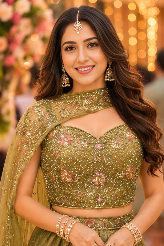 Stunning Olive Green Fandy Silk Embroidered Lehenga Choli with Designer Dupatta for Wedding