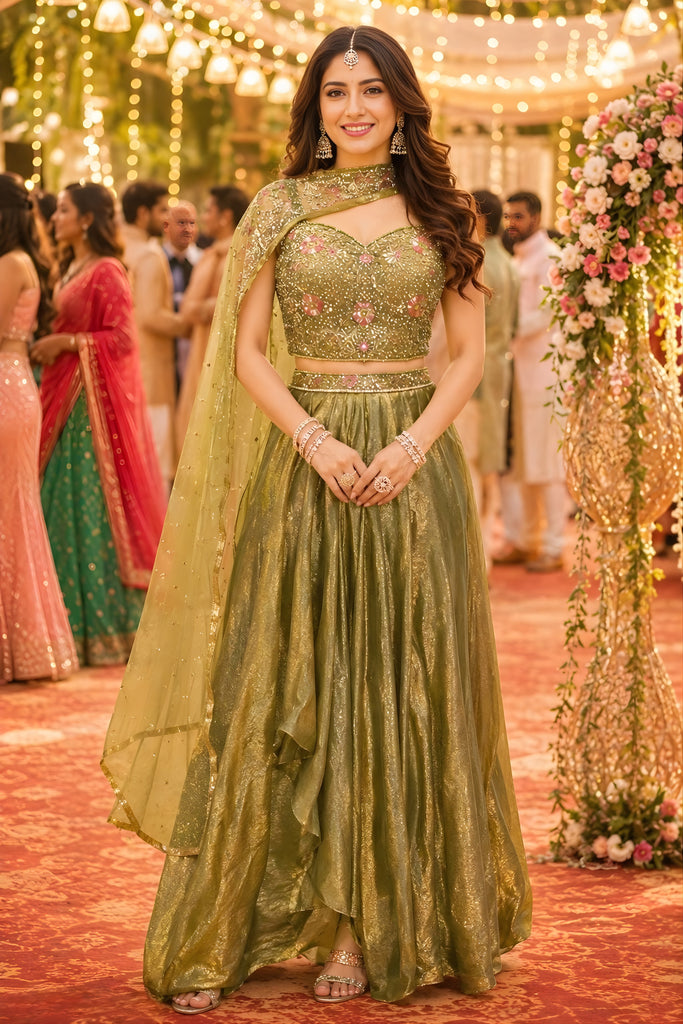 Stunning Olive Green Fandy Silk Embroidered Lehenga Choli with Designer Dupatta for Wedding
