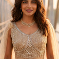 Elegant Beige Net Handwork Designer Party Wear Gown with Dupatta for Women