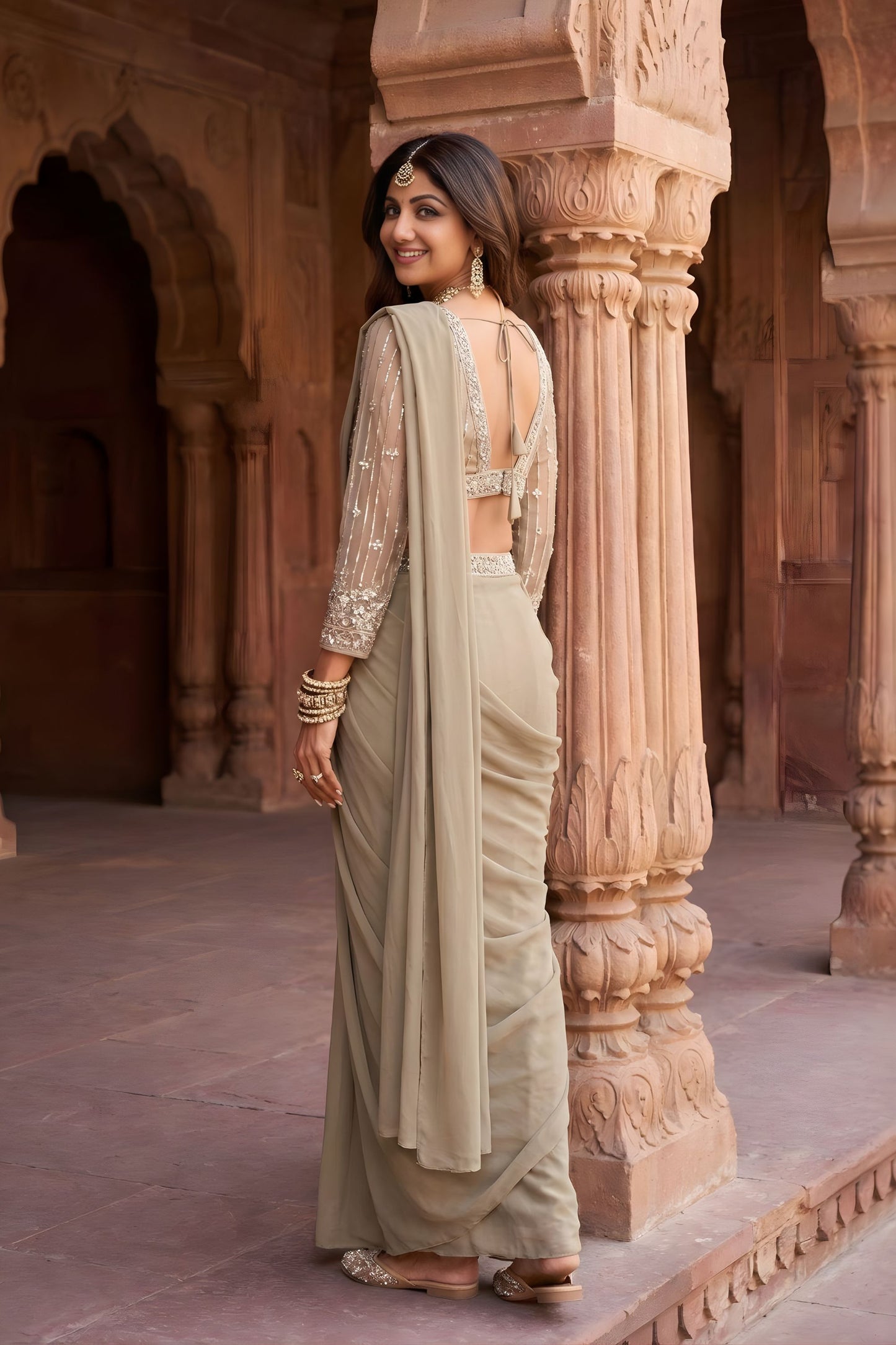 Elegant Grey Georgette Saree with Beads Work for Wedding