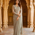 Elegant Grey Georgette Saree with Beads Work for Wedding