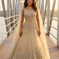 Elegant Beige Net Handwork Designer Party Wear Gown with Dupatta for Women