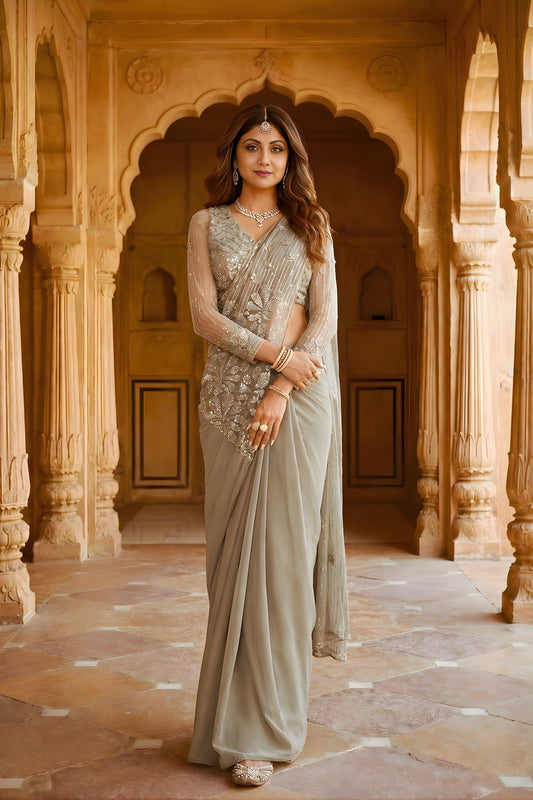 Elegant Grey Georgette Saree with Beads Work for Wedding