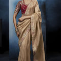 Beige Gold Embroidered Designer Saree Heavy Border Red Blouse 
