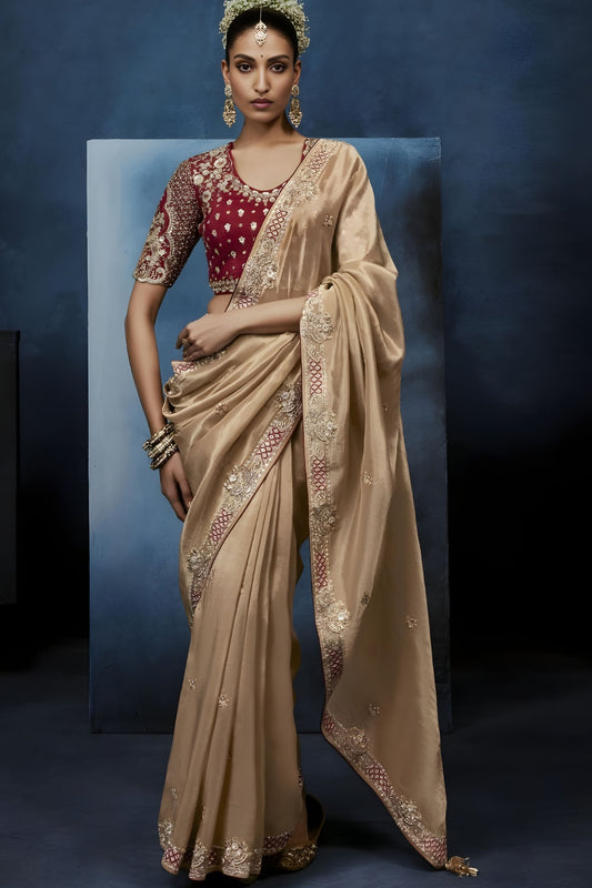 Beige Gold Embroidered Designer Saree Heavy Border Red Blouse 
