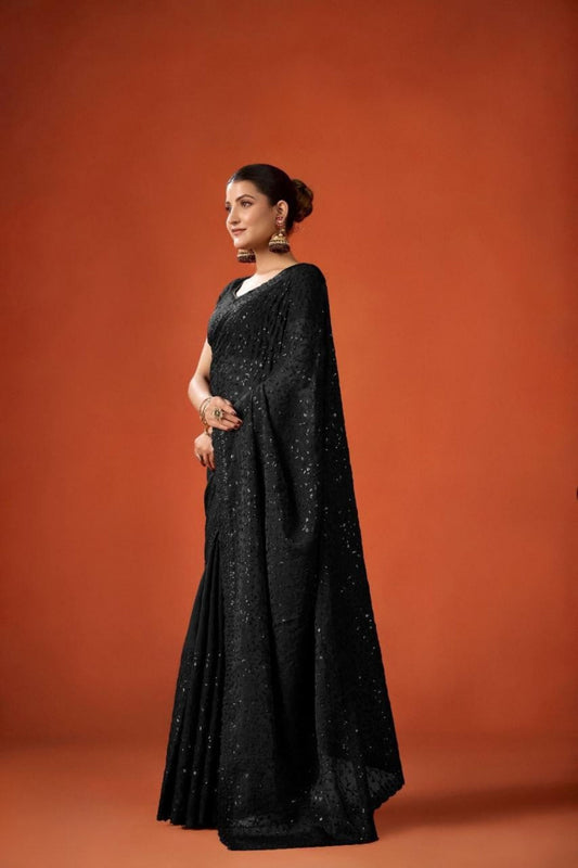 Black Sequin Embroidered Saree with Blouse Party Wear Saree