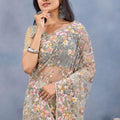 Sage Green Floral Embroidered Net Saree with Designer Border