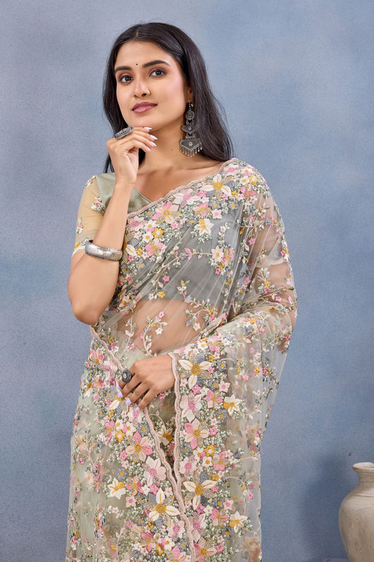 Sage Green Floral Embroidered Net Saree with Designer Border