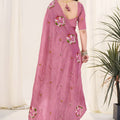 Dusty Rose Pink Organza Saree Floral Embroidery Designer Blouse