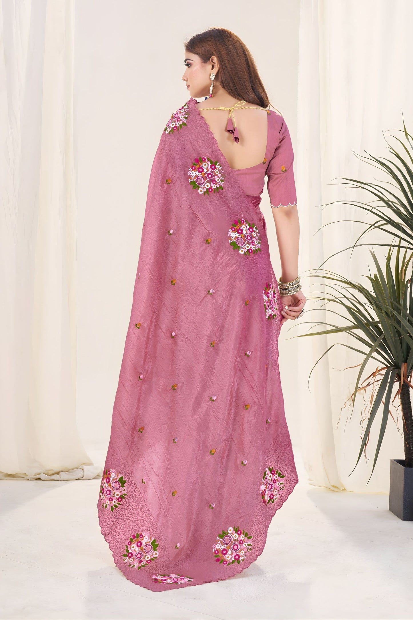 Dusty Rose Pink Organza Saree Floral Embroidery Designer Blouse