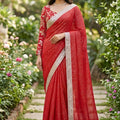 Elegant Red Georgette Saree Silver Border Blouse Piece Festive Wear
