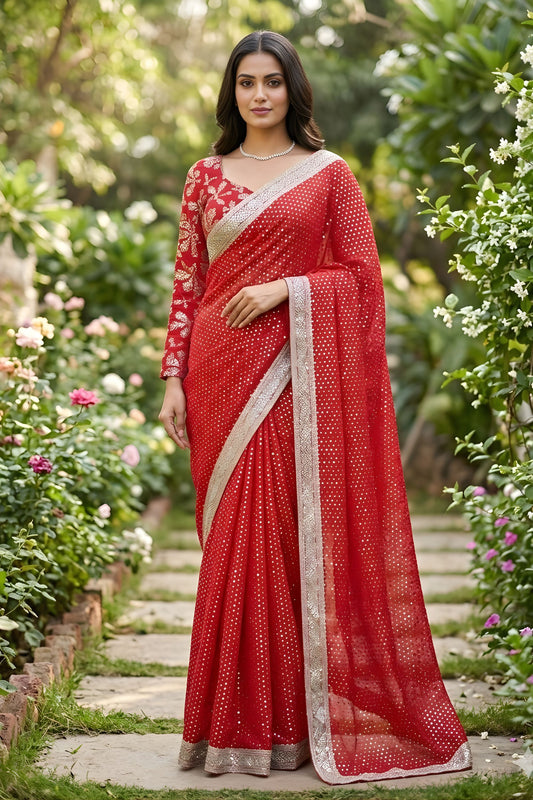 Elegant Red Georgette Saree Silver Border Blouse Piece Festive Wear