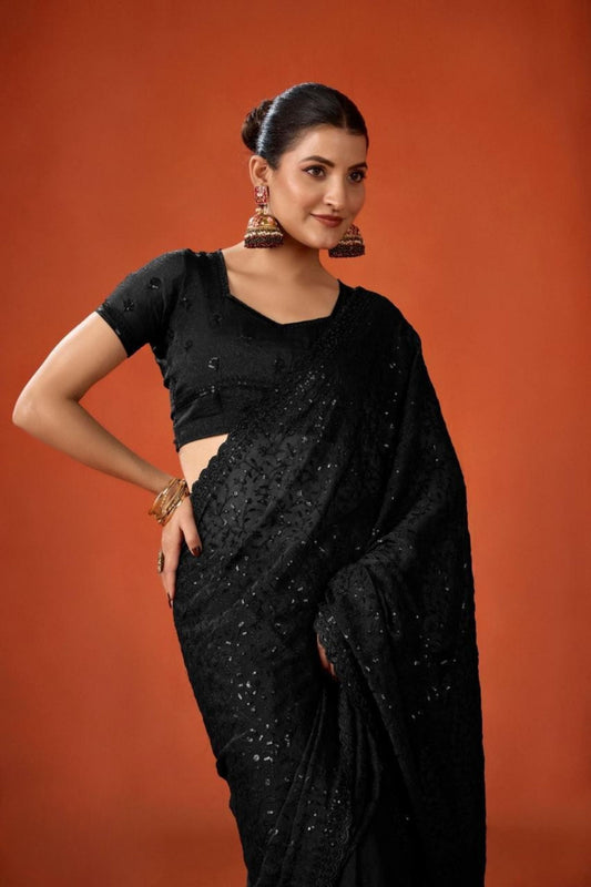 Black Sequin Embroidered Saree with Blouse Party Wear Saree