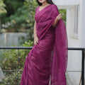 Wine Purple Organza Saree Embroidered Border Designer Blouse