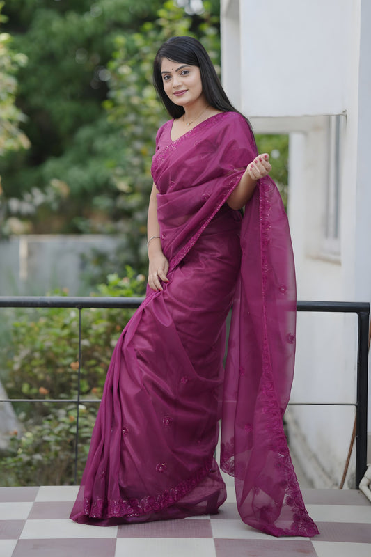 Wine Purple Organza Saree Embroidered Border Designer Blouse
