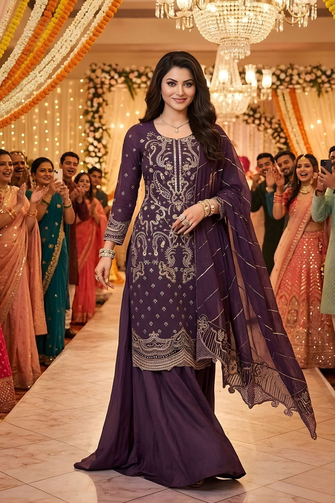 Premium Purple Georgette Embroidered Salwar Suit Palazzo and Designer Dupatta