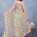 Sage Green Floral Embroidered Net Saree with Designer Border
